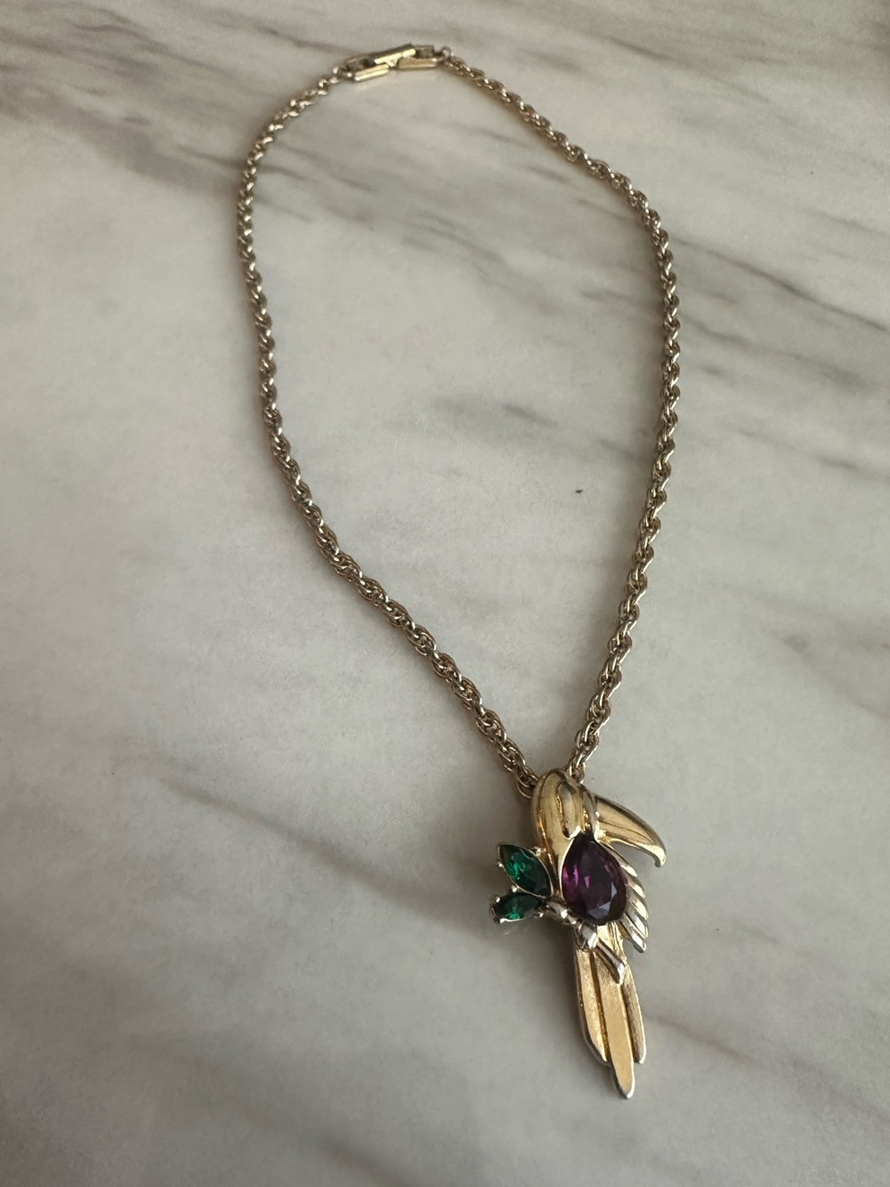 Rare Vintage Givenchy Toucan Pendant Necklace with Purple & Green Stones